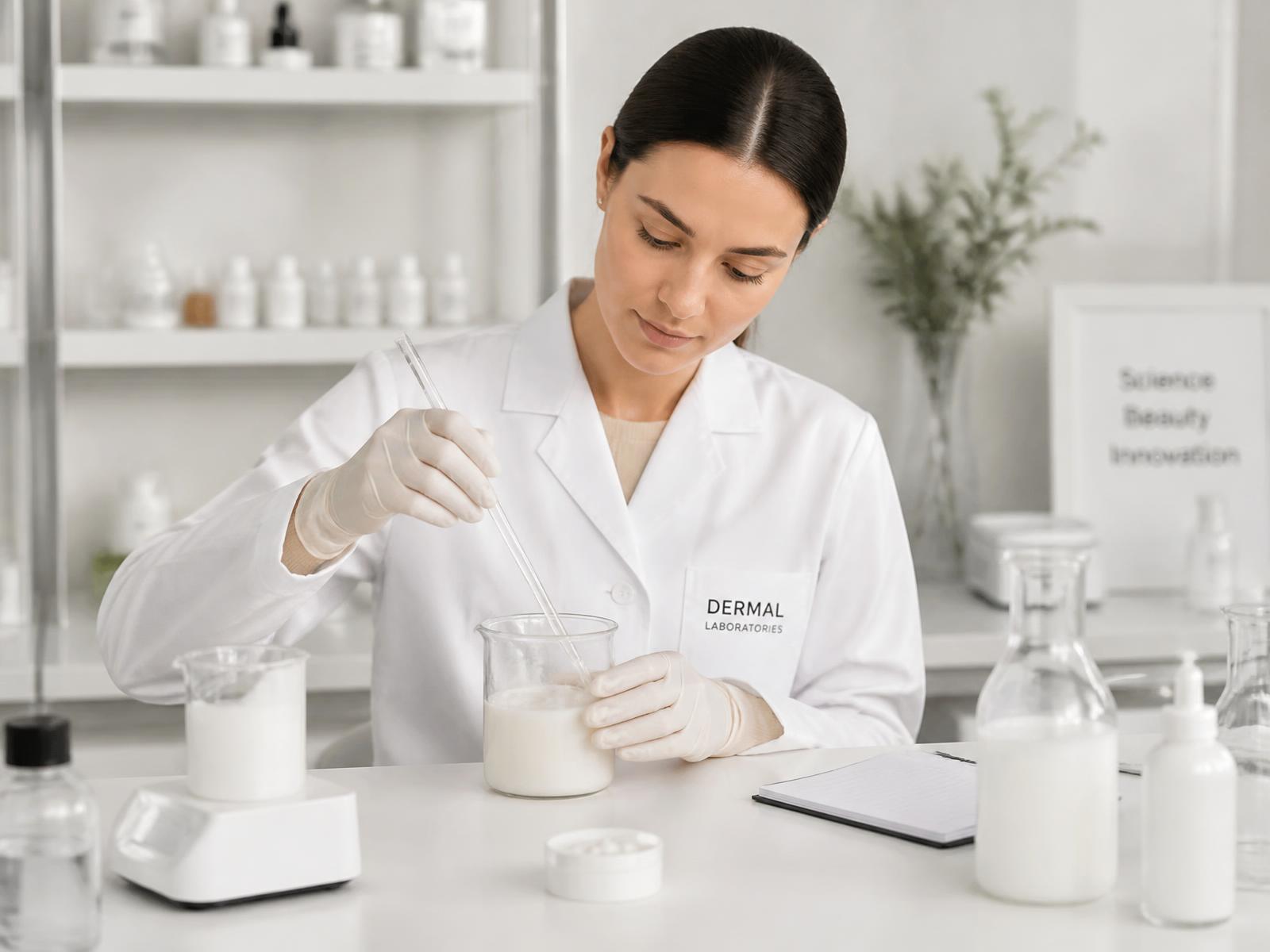 Cosmetic scientist formulating a skincare emulsion in a laboratory