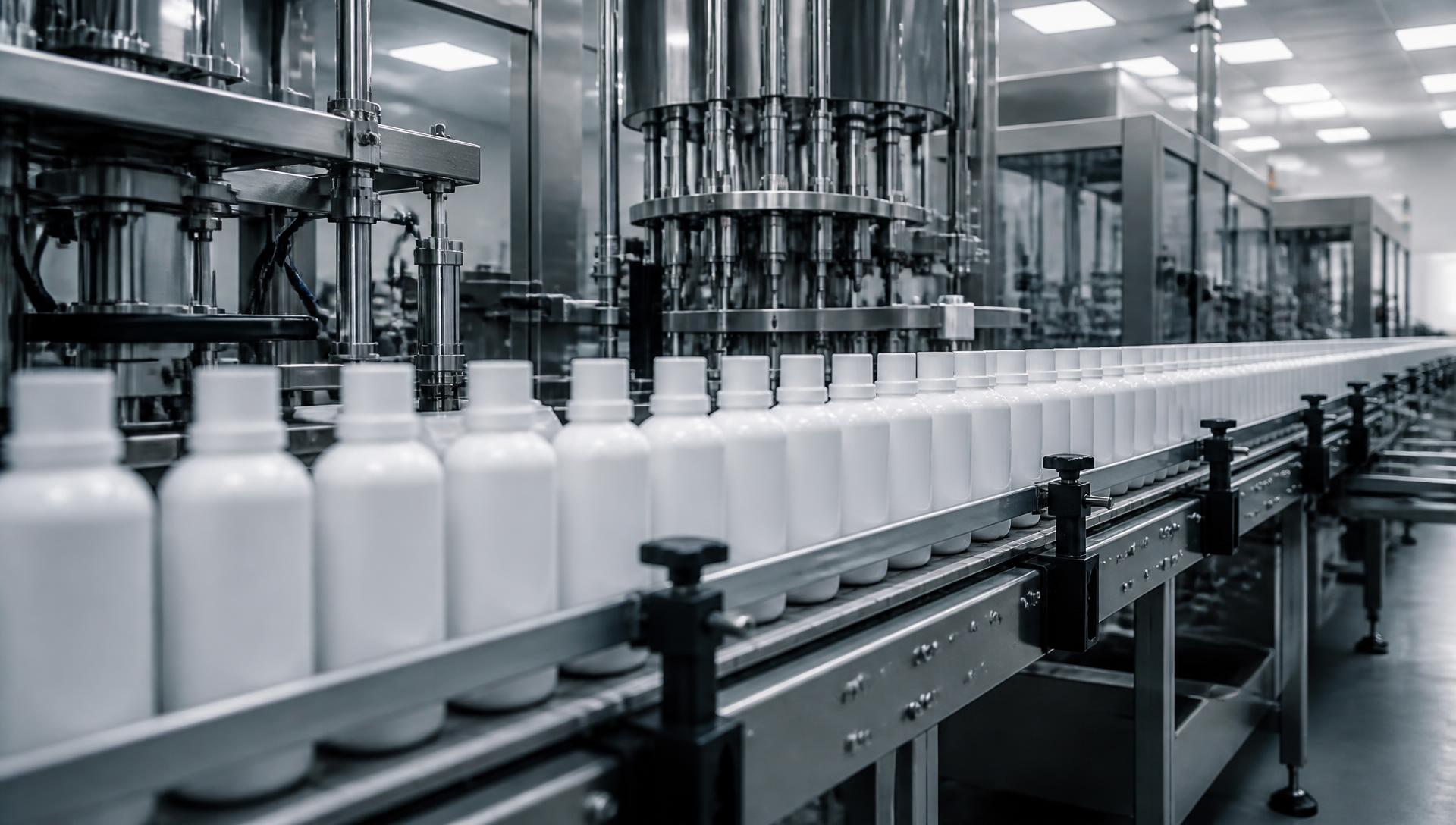 Automated cosmetics production line filling white bottles