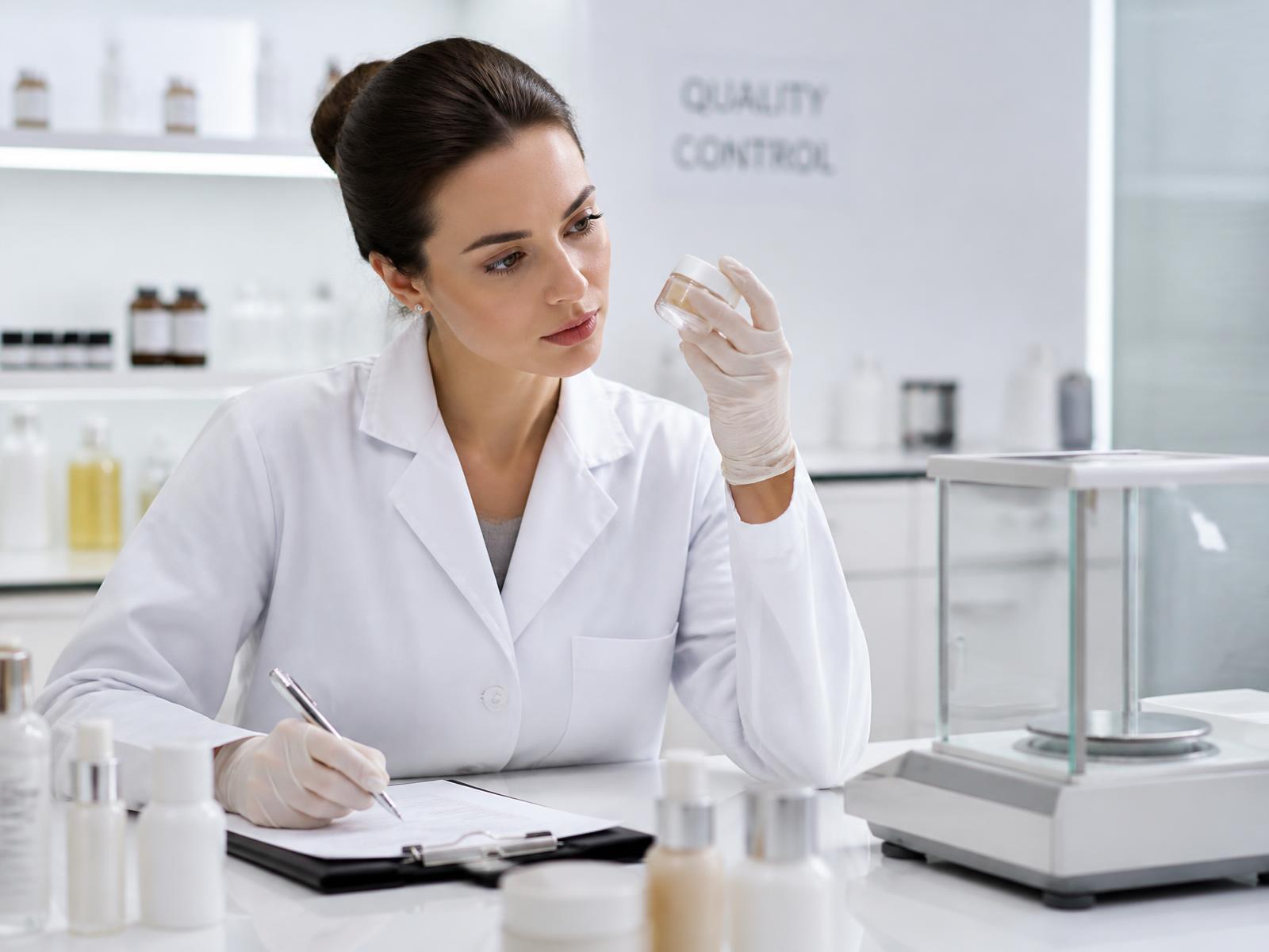 Quality control technician inspecting a cosmetic sample