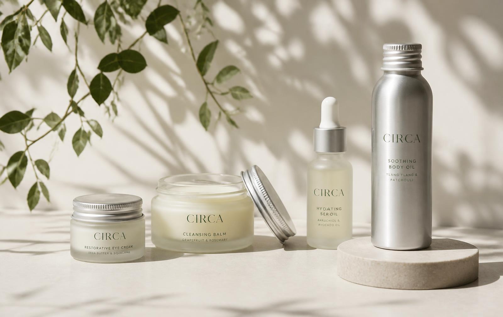Recyclable glass and aluminium cosmetic containers in natural daylight